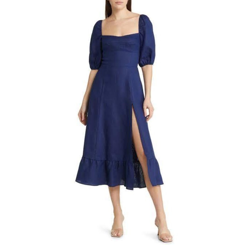 NWT Reformation Belgium Linen Dress Womens 8 Blue Puff Sleeve Midi